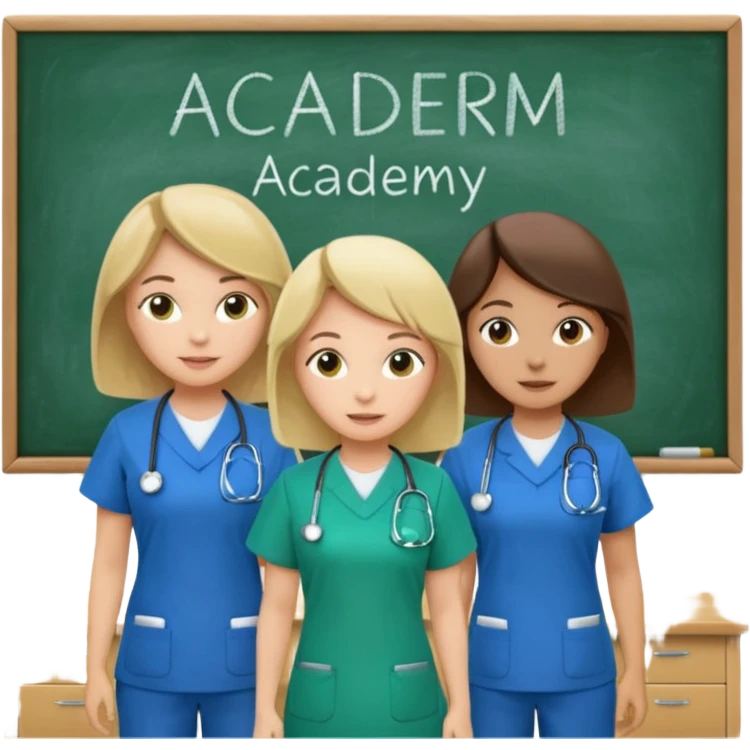 3 different nurses, wearing green and blue work clothes, in a classroom, "Academy" written in white on board emoji
