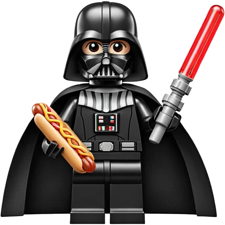 Lego Darth Vader holding a hotdog emoji