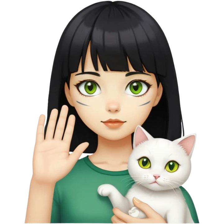 A girl with yellow skin, black medium length hair, bangs, and holding a white cat in her right hand. The cat has one yellow eye and the other green eye emoji