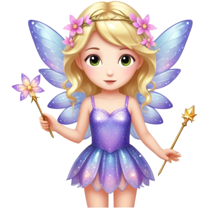 Cute fairy girl with delicate wings, sparkly wand, floral dress, and magical glitter emoji
