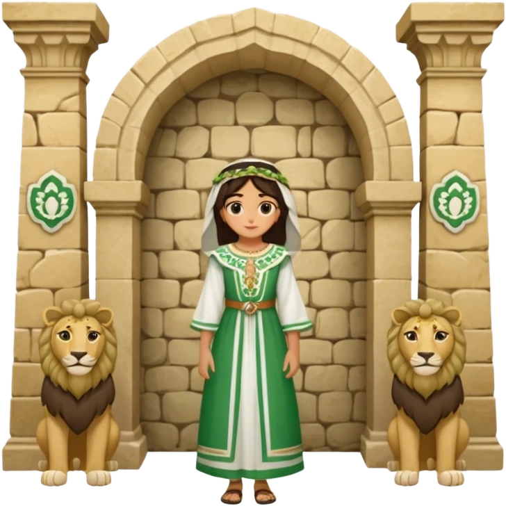 Andalousie drapeau 2 bande verte qui et une bande blanche au milieu avec une femme avec 1 lion de chaque coter d’elle sous un arc en pierre  emoji