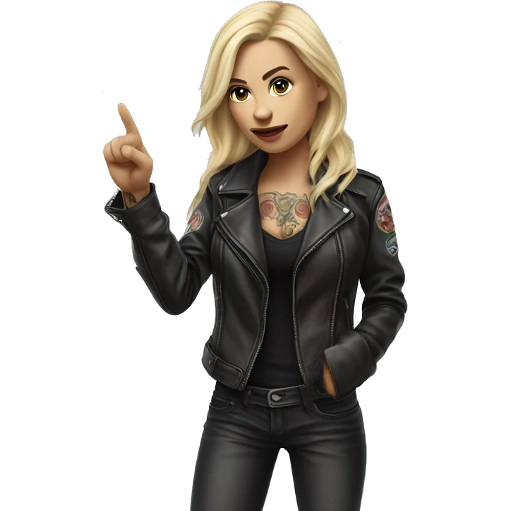 Blonde women with LONG HAIR, in Leather Jacket, Body Covered with Tattoos, POINTING YOU FORWARD with her HAND with INDEX FINGER, Hyper Realistic emoji