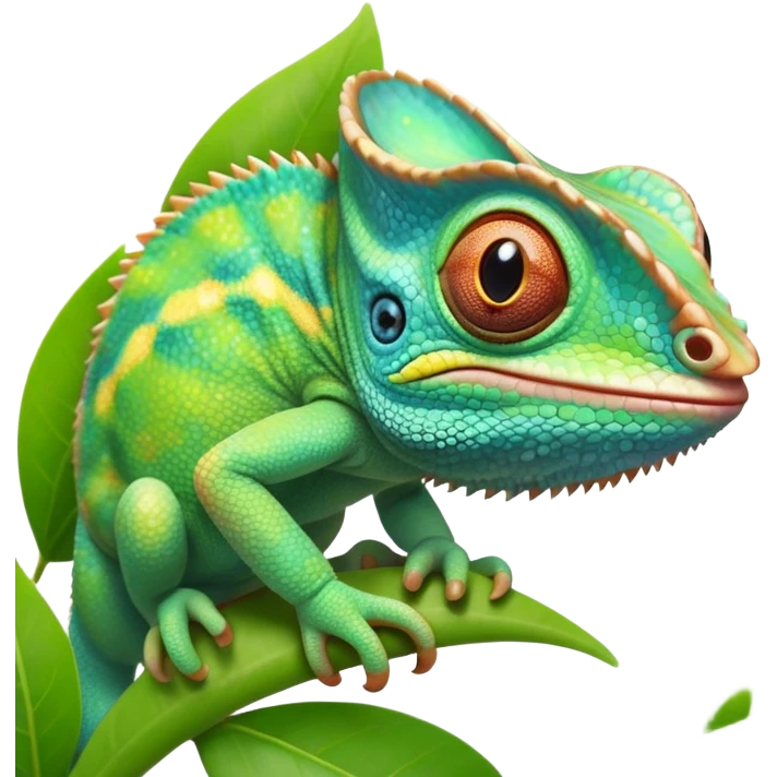 cinematic cute-smiling baby chameleon-realistic emoji,-blending-with-vibrant-greenery.-detailed-scales-in-shifting-colors,-showing-the-chameleon’s-ability-to-camouflage.-soft-natural-light-highlights-its-texture.-light-background, zoomed into its face emoji