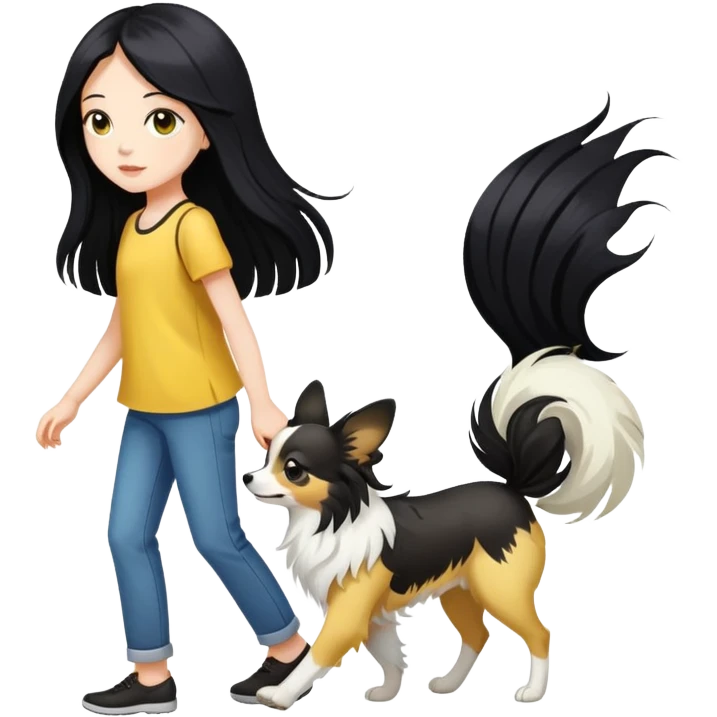 A girl with long black hair walks a yellow and white papillon emoji