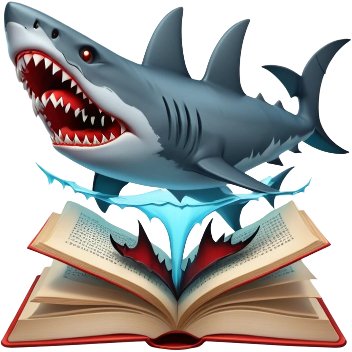 Icon for Horror & Mystery Reading: an open book with eerie glowing symbols, from which rise vampire Dracula with fangs, flying bats, a zombie hand, and a lurking shark with sharp teeth. Surrounding elements. Transparent background. emoji