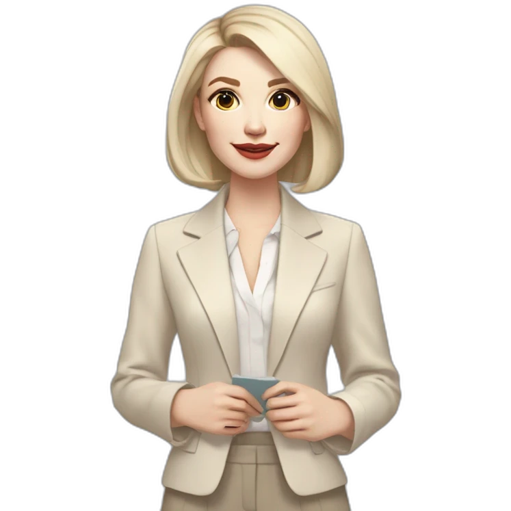 pale skin woman with ash blonde Straightened bob Hair, White Spacious classical jacket, beige palazzo Arrow pants and gray blouse holding a color palettes in the hands emoji