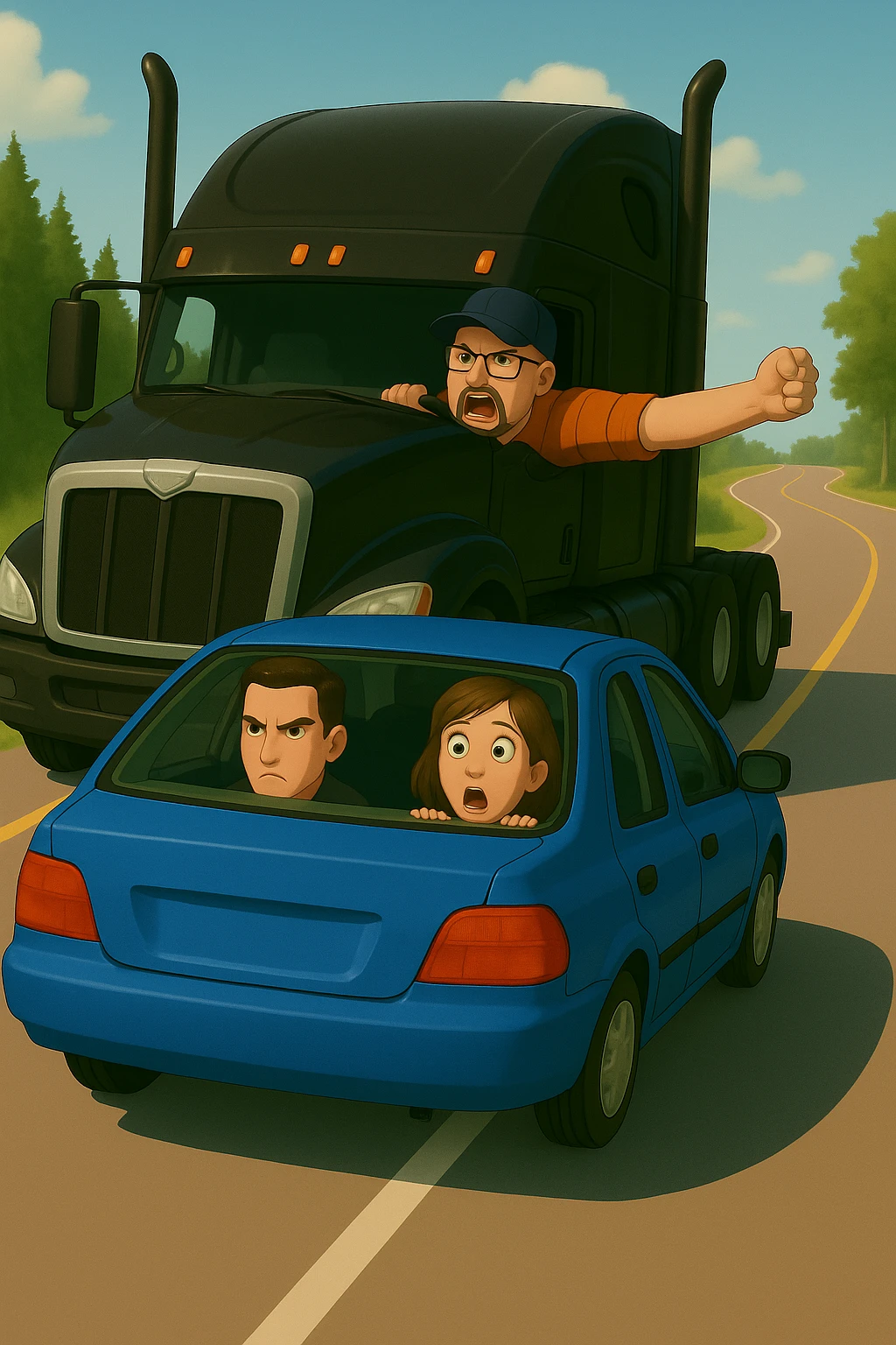 Add a baseball cap to the angry, bald truck driver with glasses and orange shirt, arm out the window. Keep the scene bright and vibrant, with a person in the car in front. emoji