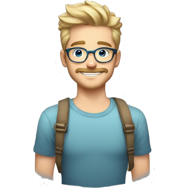 Handsome young man 22 years old blue eyes short blond hair nice round glasses cool short beard Light moustache big smile dimple on the side emoji