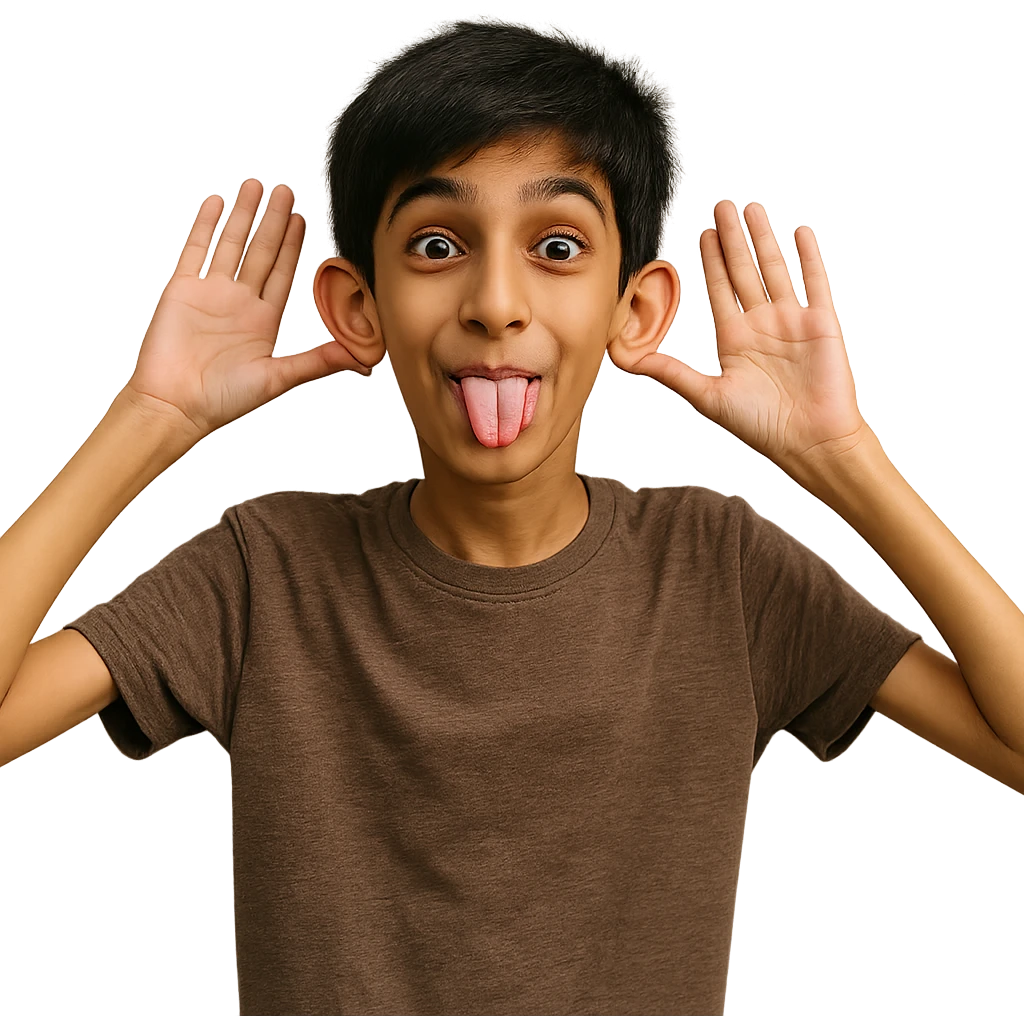skinny Pakistani boy making a silly face, playful and lighthearted emoji