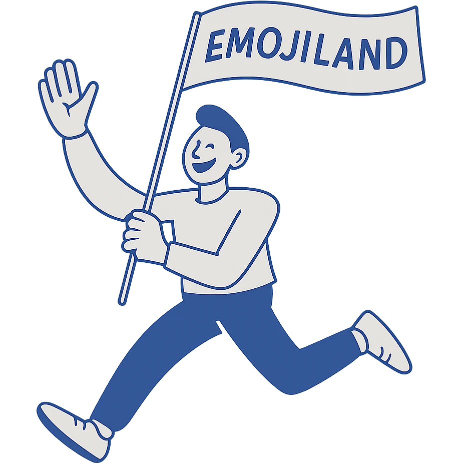 happy runner waving a flag that says 'emojiland' emoji