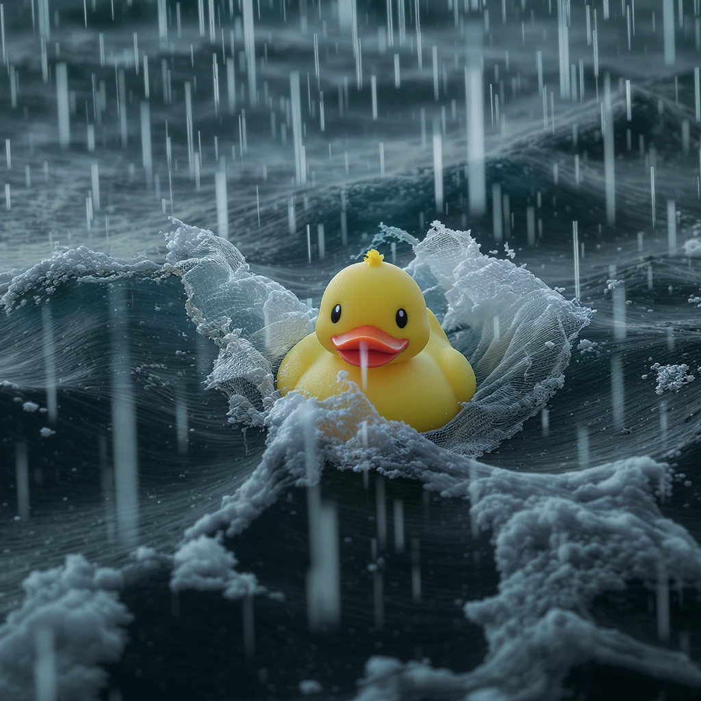 Cinematic still, Extreme Closeup shot of Yellow duck toy on ocean during storm, Camera from top, inspired by interstellar emoji