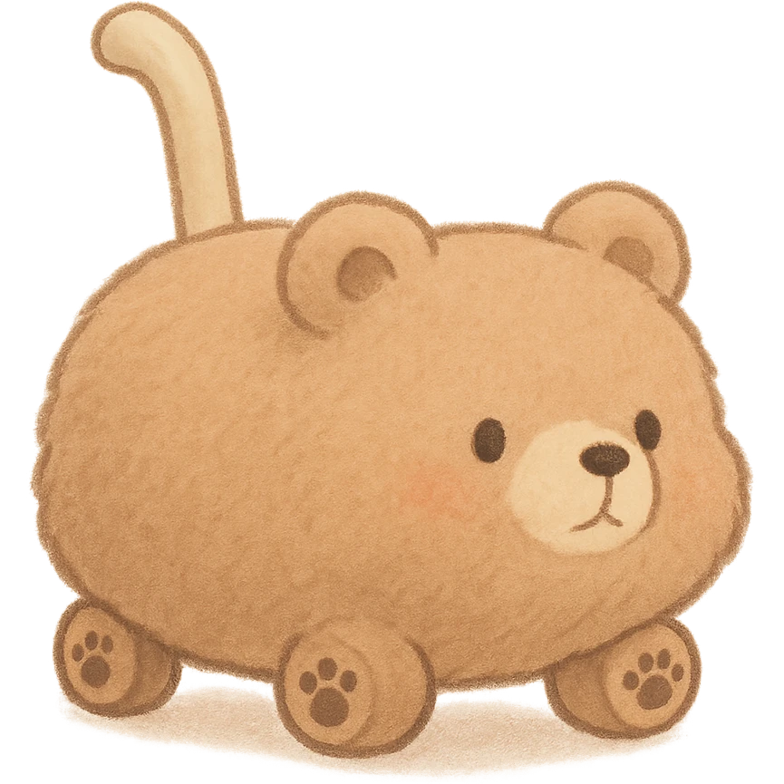 fluffy bear vacuum cleaner, soft brown pastel, full-body, with tiny paw wheels, rolling cutely emoji