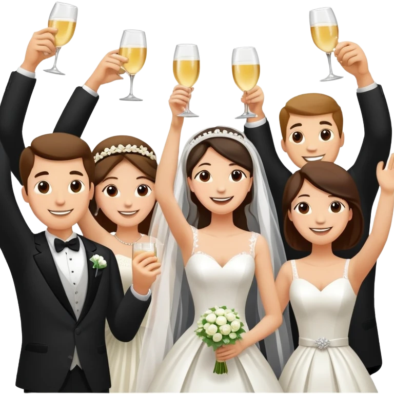 Wedding party raising joints for a celebratory toast, colorful wedding group with bride and groom at the center, cheerful cartoon style emoji