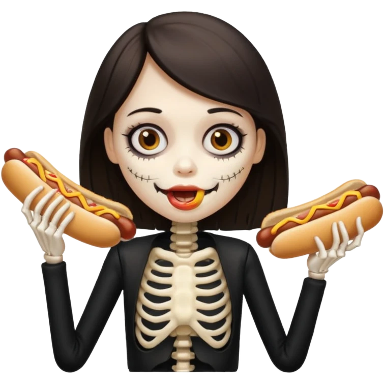 girl skeleton with hair eating a hot dog emoji