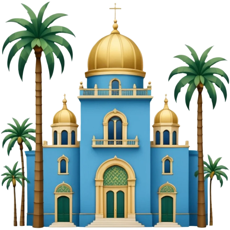 Spanish Colonial Revival building, blue, gold, green tiled dome, slender tower, palm trees, ornate details, simple emoji