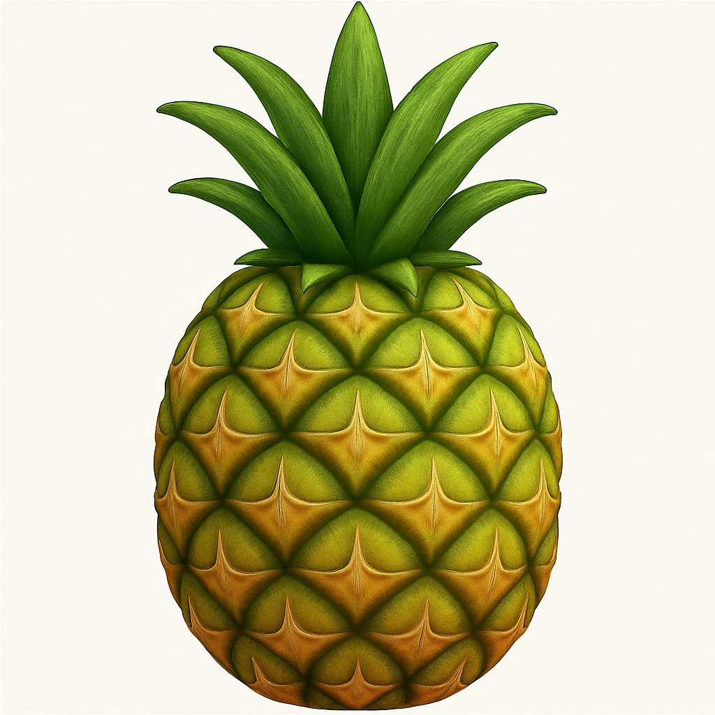 Create a pineapple emoji inspired by the reference image. The style should have realistic texture and detailed pattern but remain simplified and emoji-like. Add a subtle gradient to the surface of the pineapple. emoji