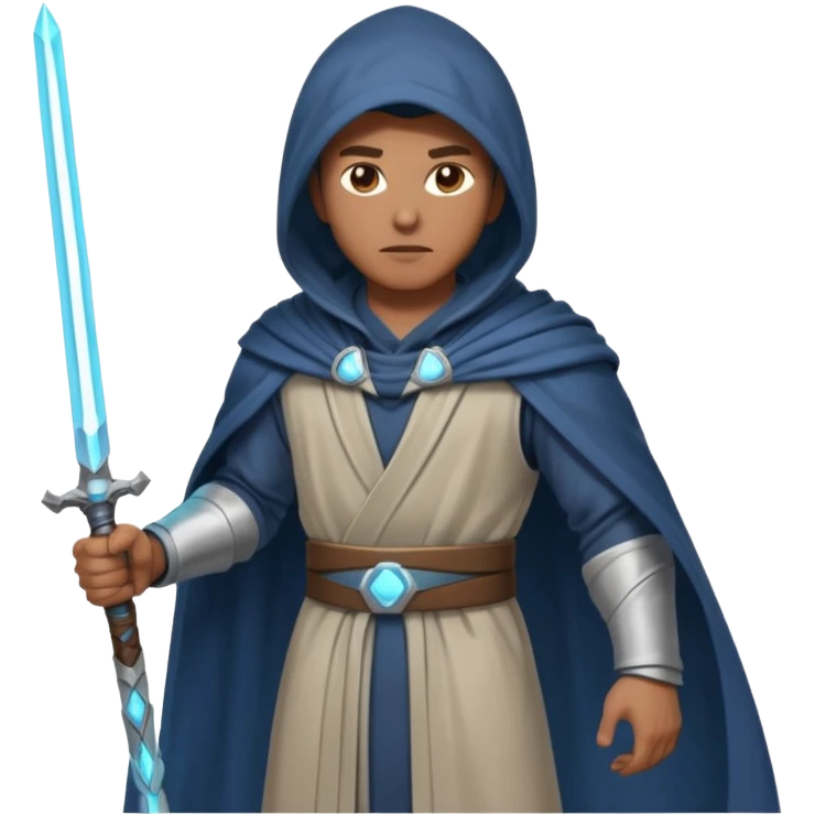 sci-fi space warrior human, glowing energy sword, hooded robe, heroic stance, 3D cartoon, mobile game character icon, clean background, no text
 emoji