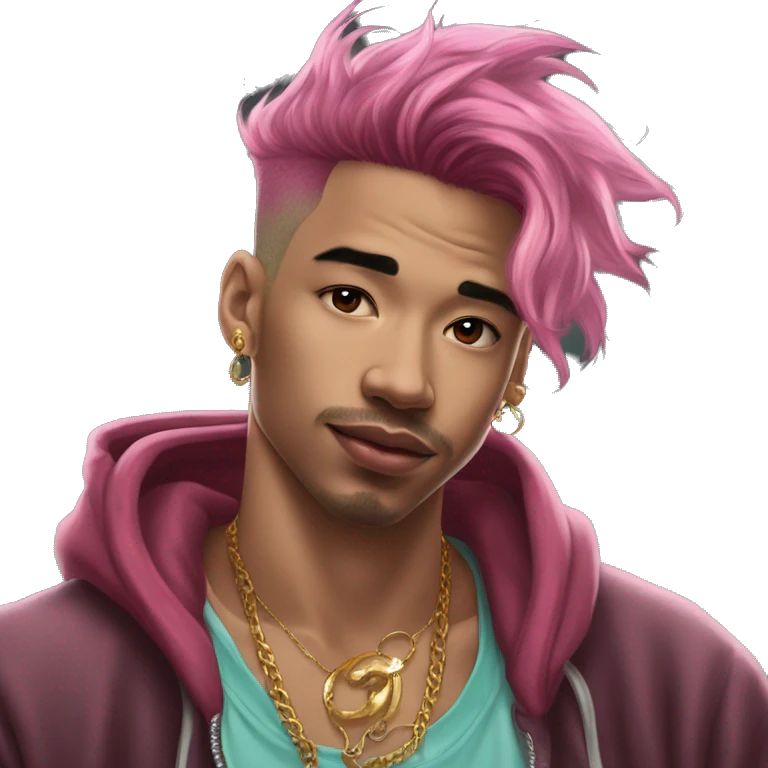 Vintage grunge patina intricate swirls golden sparkle tropical Deep pink maroon burgundy cyan dark hoodie man dyed hair and gold piercings nose piercing ear piercings ice cream  emoji