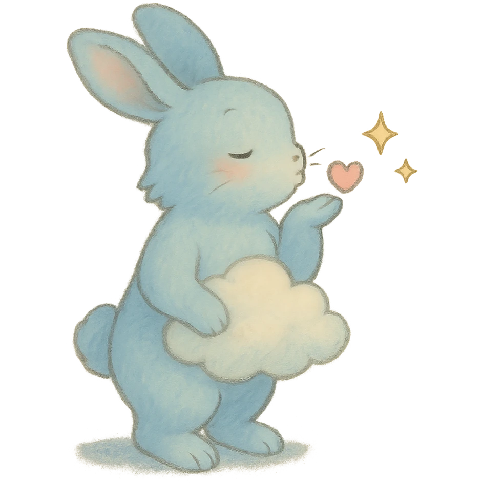 full-body pastel blue bunny with cloud, blowing a kiss with sparkles, soft Ghibli style emoji