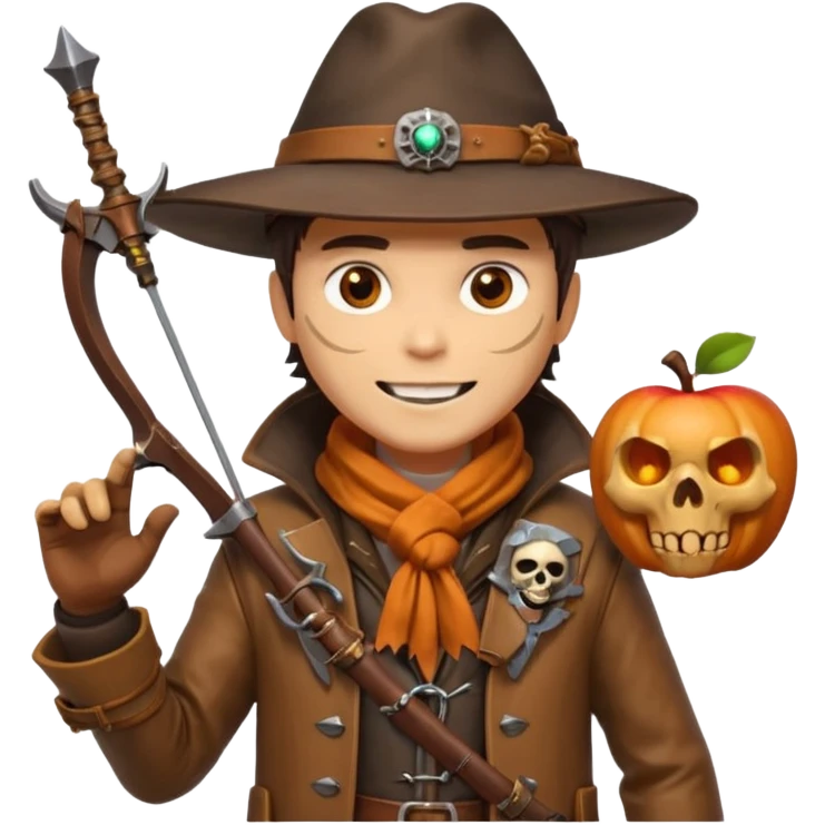 male human monster hunter emoji, wearing brown leather coat and wide hat, holding crossbow, with amulet shaped like skull, Halloween fantasy theme, confident smile, orange scarf, Apple emoji style, clean white background, square image emoji