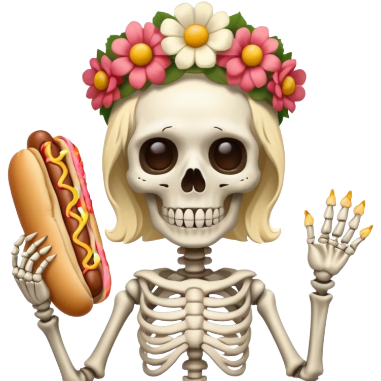 skeleteon with floweer on head with hotdog emoji
