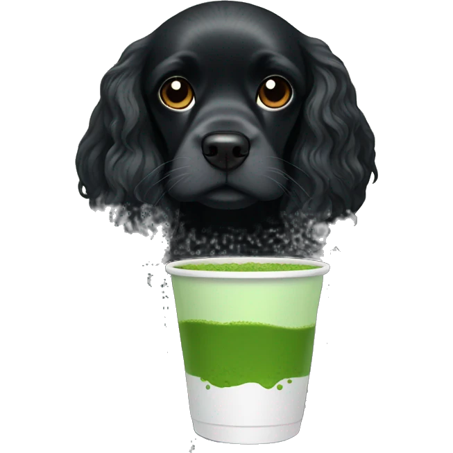 black cocker spaniel drinking a cup of matcha emoji