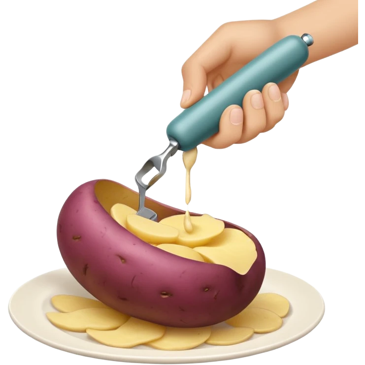 hand peeling a potato with a small kitchen peeler, potato skin curling off, simple white background, realistic textures, clean and bright, fun expressive design



 emoji