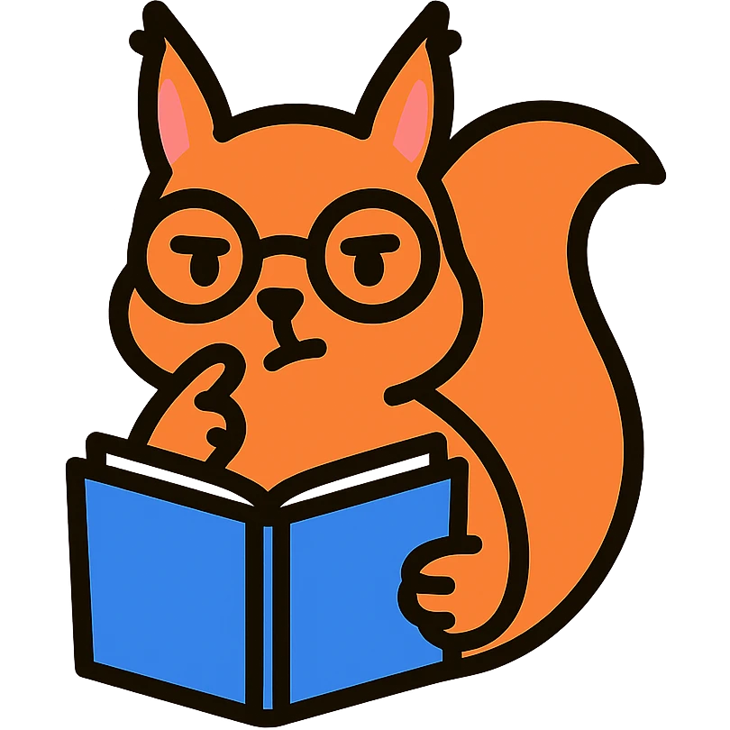 a squirrel with glasses, reading a book and looking thoughtful, modern flat icon style emoji