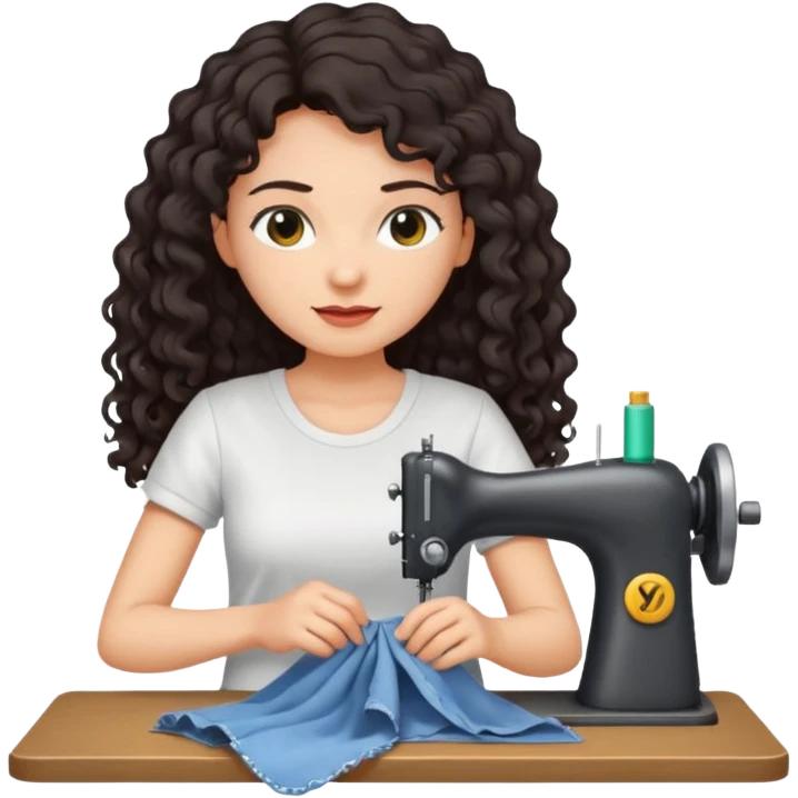 a woman with long curly dark hair sewing clothes wearing a white t shirt emoji