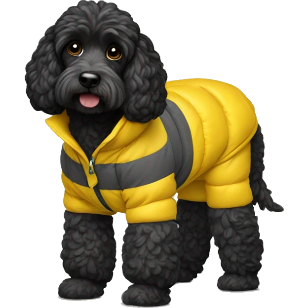 Black cockapoo dog wearing a yellow puffer coat emoji
