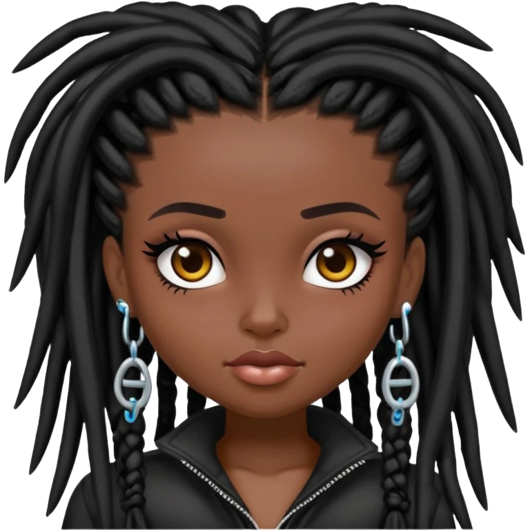 pretty bratz baddie, dark black skin, black dreads hair (black people hair) emoji