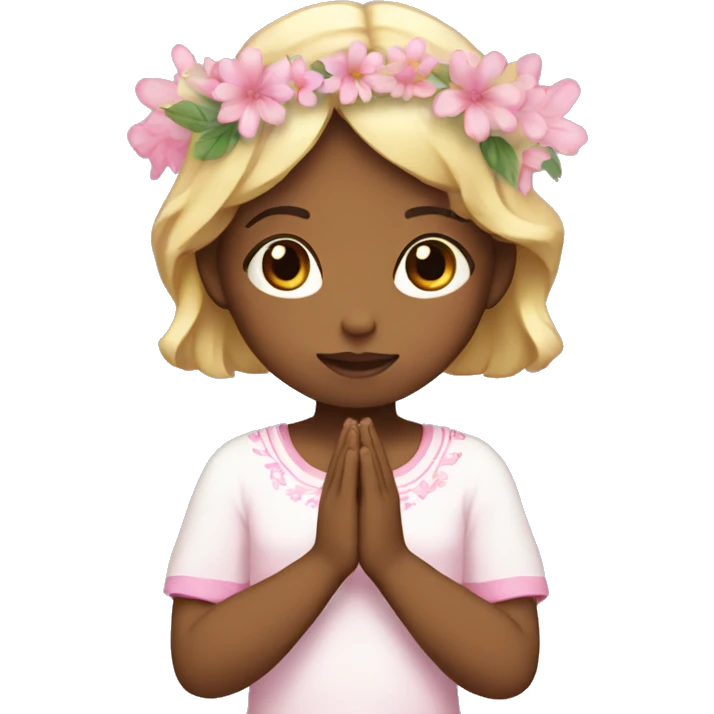 white with blonde hair praying girl with pink flora in hands and floral crown emoji