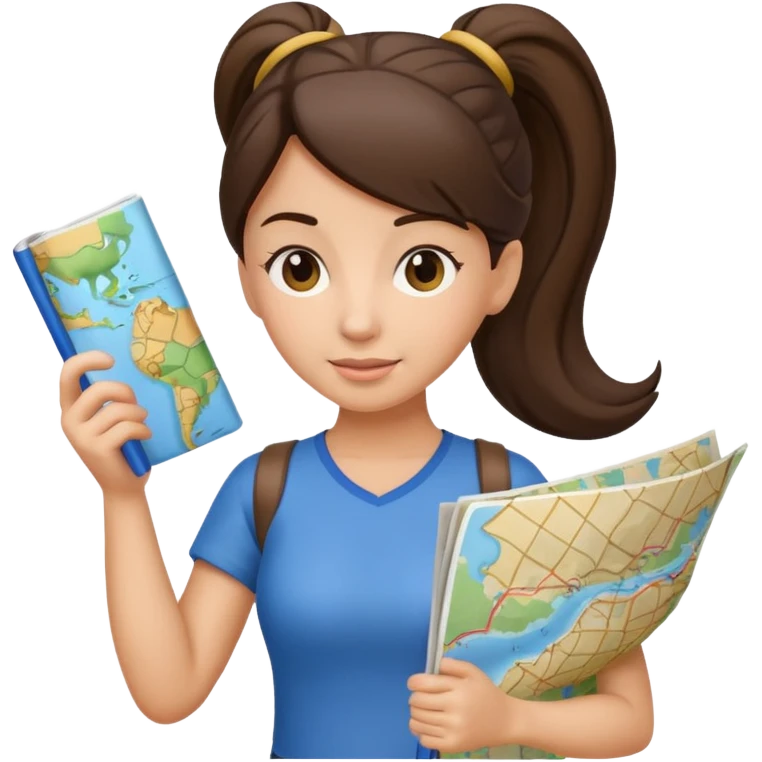 tourist brunette woman with ponytail holding map emoji