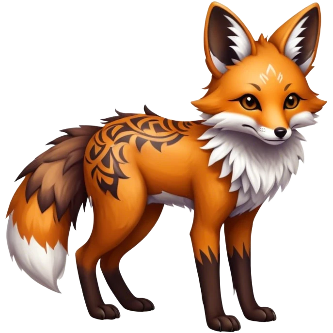 Epic Feral Rare Fantasy shiny cool fluffy Vernid-Trico-Fox-species-hybrid-animal by LiLaiRa, tribal-Art-tattoo-patterns , tufted ears, full body emoji