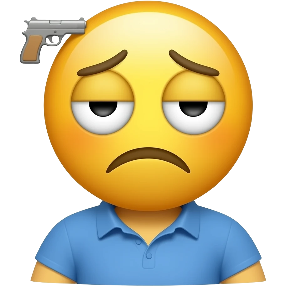 Put a gun on his head  Make a tired emoji circle face and no body make him hav yellow skin and make an google style tired make him do suicide emoji
