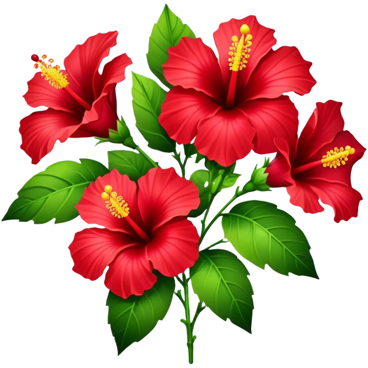 bouquet red Hawaiian hibiscus, luxuriant, stem, leaf, bud emoji