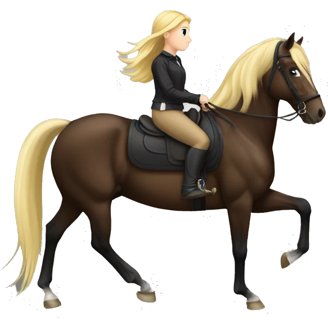 Dark bay horse and blonde girl kn horseback emoji