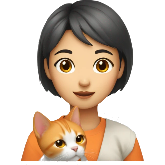 An asian girl with short hair holding an orange cat emoji
