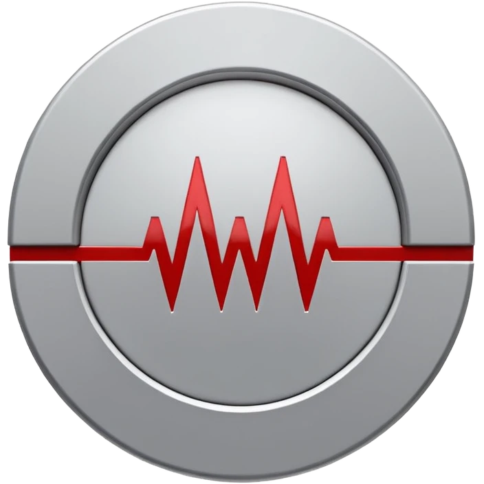 Minimalist medical technology logo. White background. A clean circular shield shape in light gray. Inside the shield — a sharp red signal line forming abstract letters “AI”, resembling a medical alert waveform but not a classic ECG.  emoji