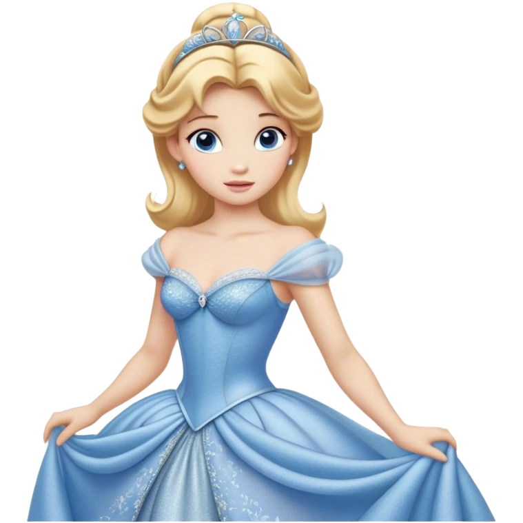 Cinematic Realistic Cute Cinderella Portrait, featuring fair, luminous skin with finely detailed texture and softly lit golden-blonde hair cascading in gentle waves. Her warm, inviting blue eyes sparkle with youthful charm and curiosity, while her classic, elegantly draped ball gown reveals meticulously rendered fabric details and natural folds. The overall composition is bathed in a gentle, realistic radiance that exudes both playfulness and heartfelt beauty. emoji