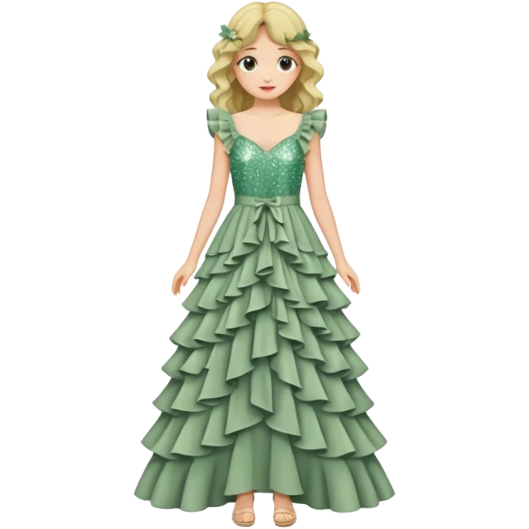 Create a simple Sage green long dress with ruffles and sequin emoji