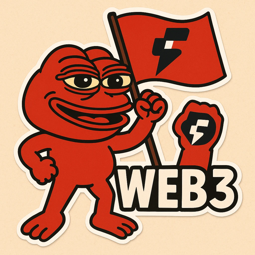Add the provided Fogo.io logo to a Web3 flag held by Red Pepe the Frog, looking triumphant. Cartoonish, bold, meme-inspired style with a red color palette, witty and playful, suitable for a Discord sticker. emoji