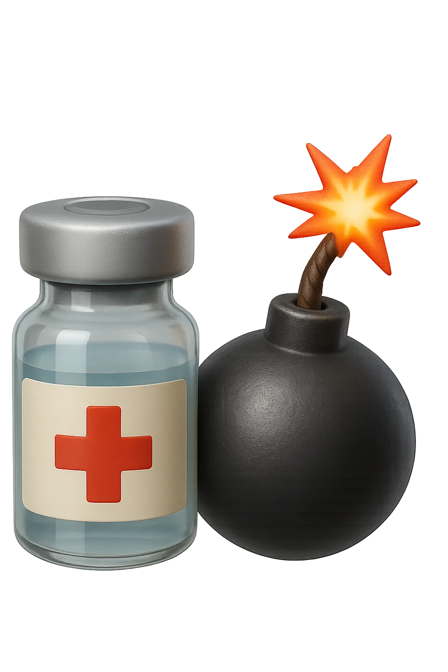 emoji stile iphone 3d di una fiala medica con una bomba vicino, fluttuano in aria insieme, FALLO MOLTO REALISTICO IN 3D emoji
