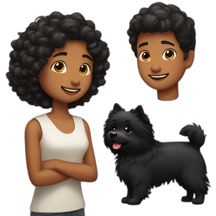 a little Men with Long curly black hair;a girl with short brown hair; and black spitz dog emoji