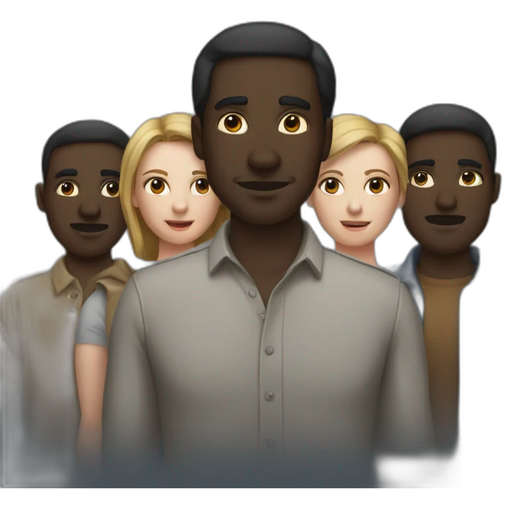 six dark-skinned men stand behind a pale woman emoji