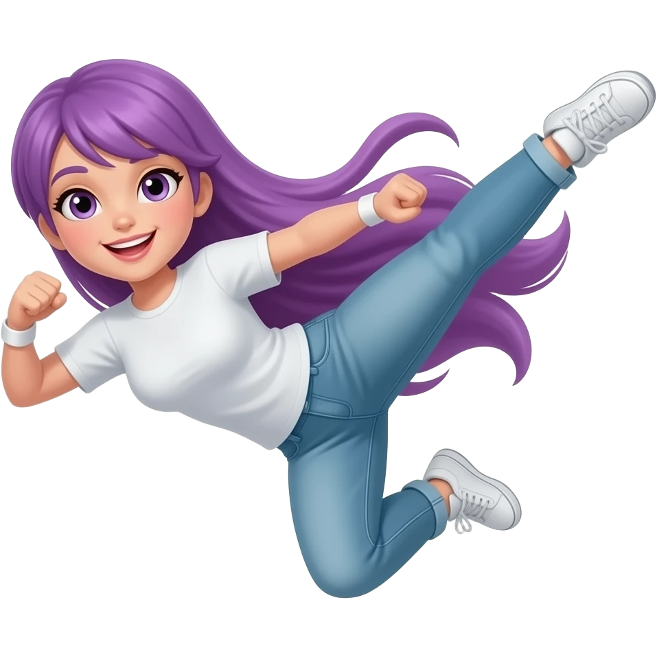 sexy girl with long purple hair is doing a kick emoji