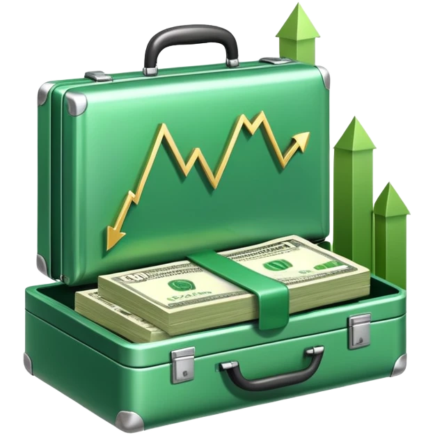 An icon showing a briefcase, a stack of money, and a graph with upward growth, representing business and entrepreneurship. The design highlights innovation, investment, and success in the world of startups and corporate ventures. Transparent background emphasizes the dynamic nature of business. emoji