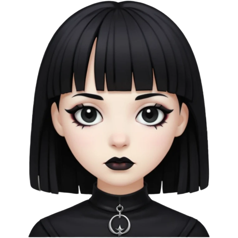 black goth with pale skin, dark makeup, black hair, with bangs emoji