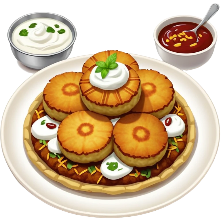 Aloo Tikki Chaat, Indian street food with potato patties, yogurt, and chutneys emoji
