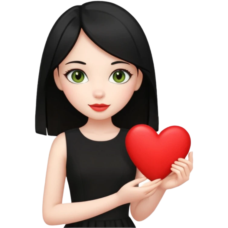 Pale girl with straight black hair and olive green eyes soft smile wearing black dress and holding a heart emoji
